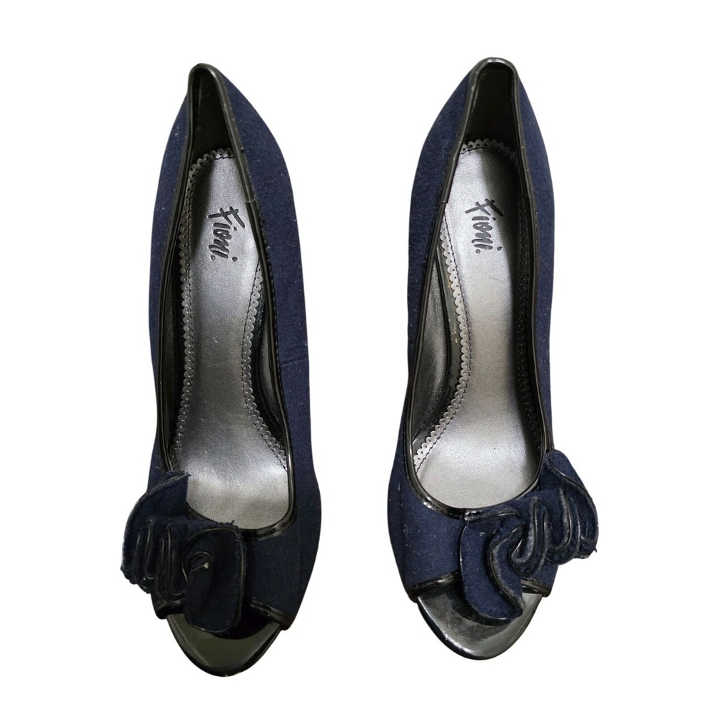 Fioni‎ Women's Navy Blue Peep Toe High Heels Rosette Accent Size 10W